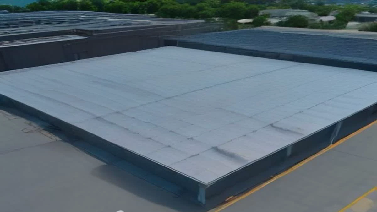 aerial view of a warehouse rooftop solar array and its cable runs